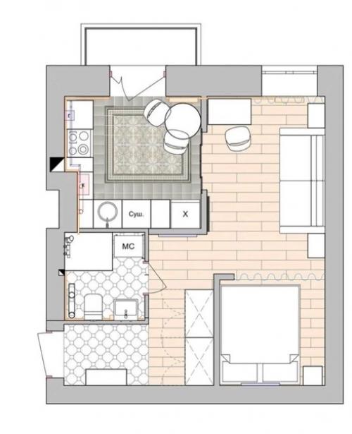 Уютный интерьер 1 комнатной квартиры с приятным сочетанием цветов. 09