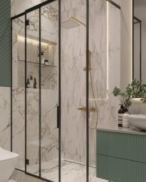 Стильный санузел. Лаконичный дизайн и свежая цветовая гамма всегда очень удачно вписываются в небольшие пространства, особенно если это санузел. 01