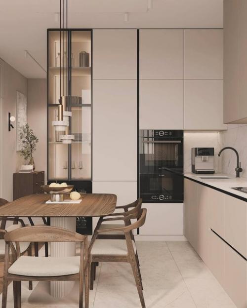 Уютный и стильный интерьер кухни - гостиной в светлых тонах. 02