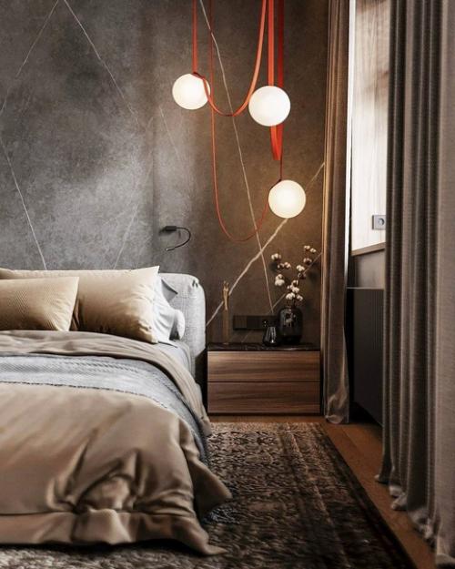 Стильный и строгий интерьер просторной спальни. 01