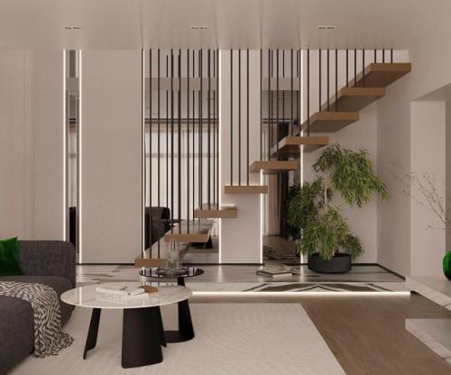 Эта гостиная в частном доме - воплощение элегантности и уюта в стиле минимализм. 02