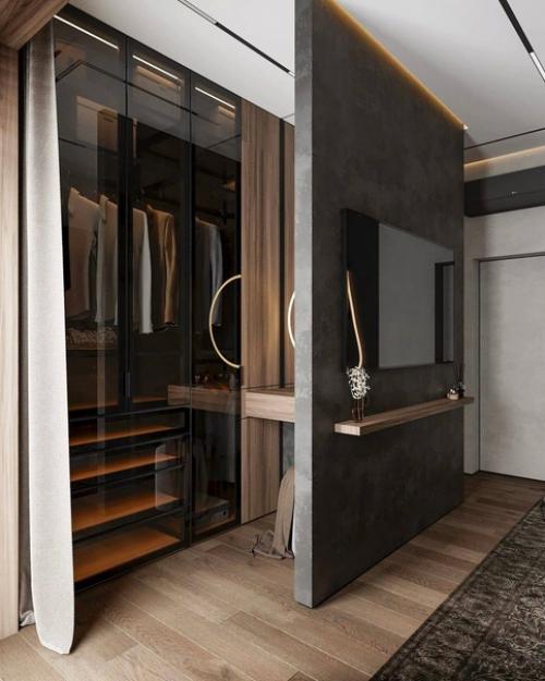 Стильный и строгий интерьер просторной спальни. 05