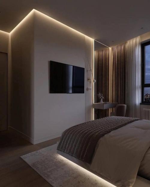Уютная спальня в светлых тонах с очень интересной подсветкой кровати. 08