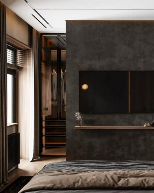 Стильный и строгий интерьер просторной спальни. 04