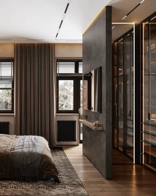 Стильный и строгий интерьер просторной спальни. 02