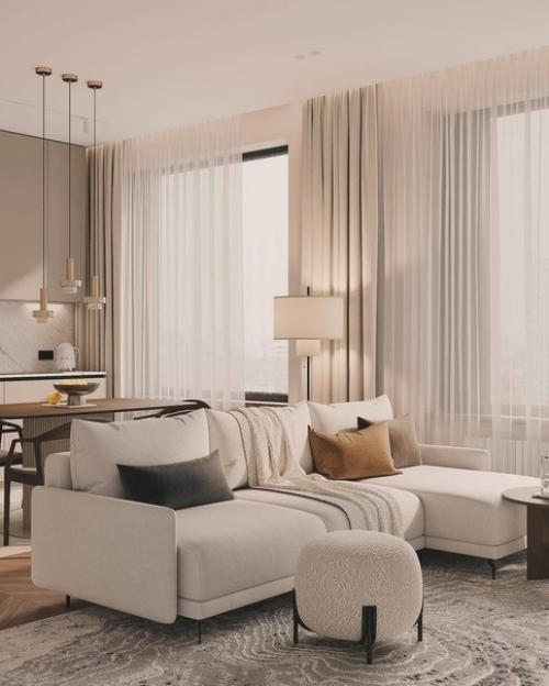 Уютный и стильный интерьер кухни - гостиной в светлых тонах. 05