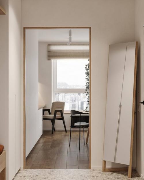 Интересный проект, который включает в себя прихожую и кухню - гостиную. 09