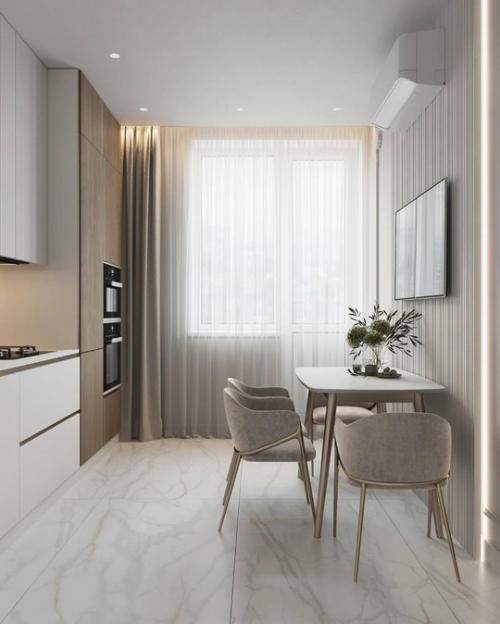 Светлый минималистичный интерьер прихожей и кухни. 02