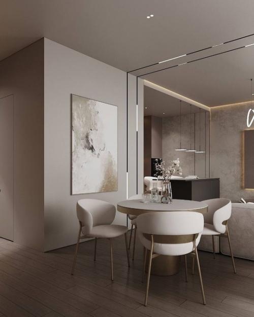 Интерьер просторной прихожей и кухни - гостиной в приятных спокойных тонах. 02