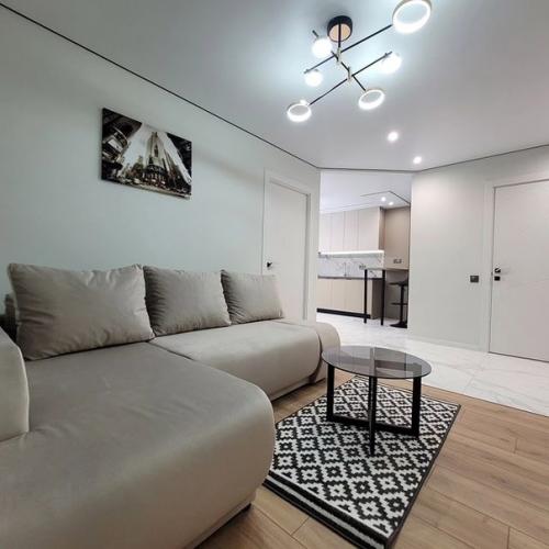 Очень стильная, современная с классной планировкой: просторная кухня, прихожая (диван), отдельная спальня (кровать. 01