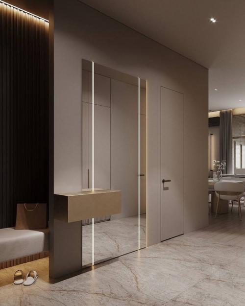 Интерьер просторной прихожей и кухни - гостиной в приятных спокойных тонах. 03