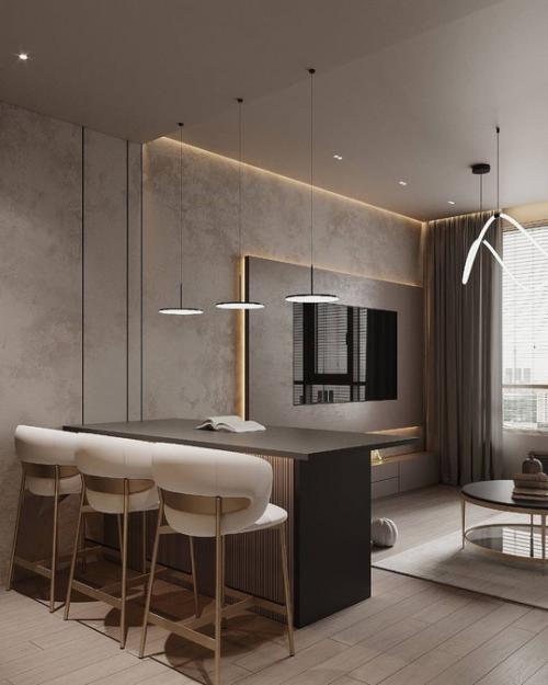 Интерьер просторной прихожей и кухни - гостиной в приятных спокойных тонах. 06