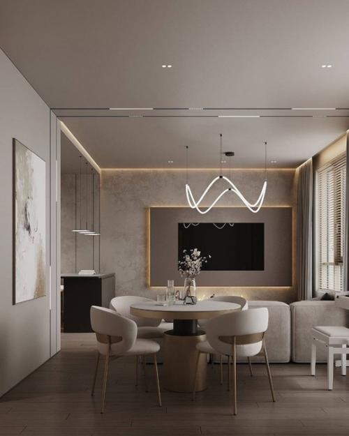 Интерьер просторной прихожей и кухни - гостиной в приятных спокойных тонах. 01