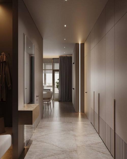 Интерьер просторной прихожей и кухни - гостиной в приятных спокойных тонах. 04