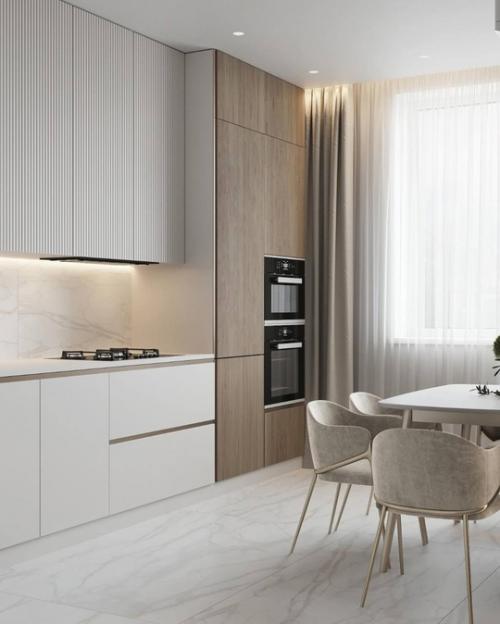 Светлый минималистичный интерьер прихожей и кухни. 01