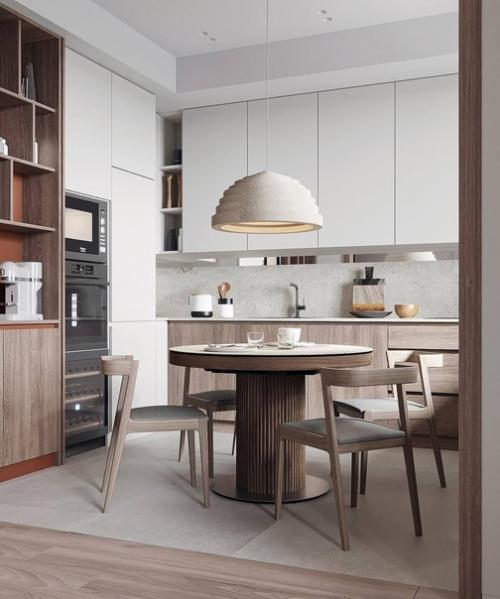 Интерьер кухни гостиной впечатляет своей светлой и лаконичной концепцией. 04