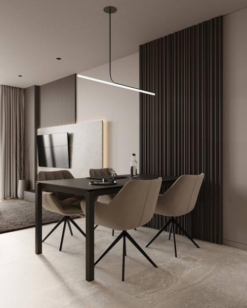 Светлый интерьер просторной гостиной в бежевых оттенках. 05