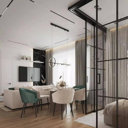 В этом интерьере основным пожеланием было сделать спальню за стеклом в гостиной. 01