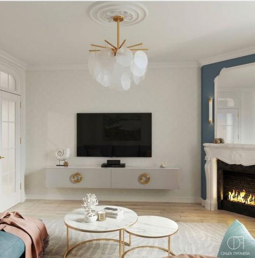 Дизайн квартиры, выполненный в приятных оттенках голубого, бежевого и персикового цвета. 07