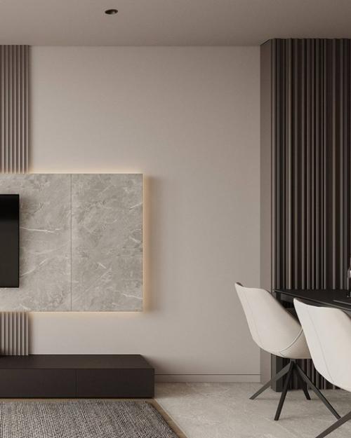 Светлый интерьер просторной гостиной в бежевых оттенках. 04