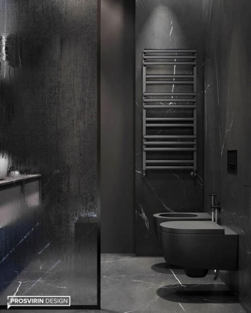 Дизайн санузла в темных оттенках сморится очень стильно и смело. 05