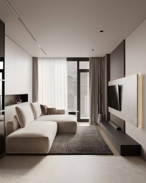 Светлый интерьер просторной гостиной в бежевых оттенках. 01