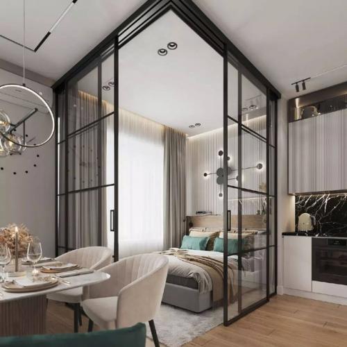 В этом интерьере основным пожеланием было сделать спальню за стеклом в гостиной. 03