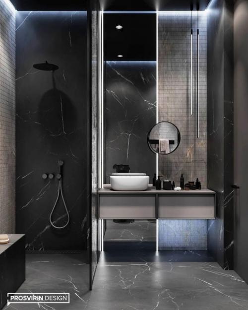 Дизайн санузла в темных оттенках сморится очень стильно и смело. 04