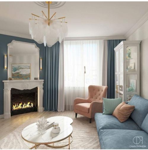 Дизайн квартиры, выполненный в приятных оттенках голубого, бежевого и персикового цвета. 05