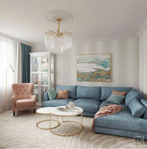 Дизайн квартиры, выполненный в приятных оттенках голубого, бежевого и персикового цвета. 06