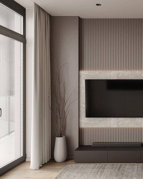 Светлый интерьер просторной гостиной в бежевых оттенках. 03