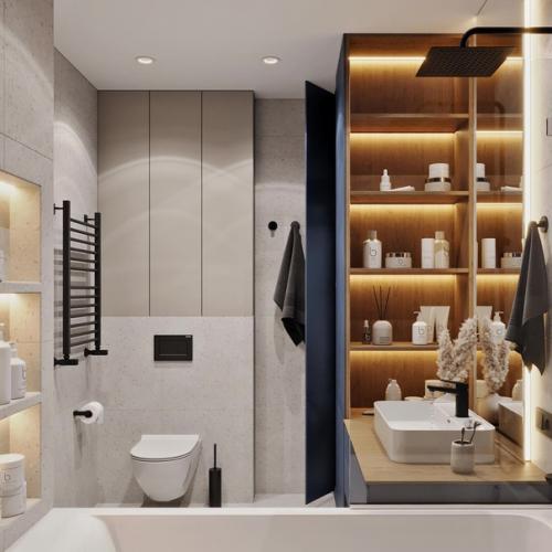 Спокойная ванная комната с синими вставками. 01