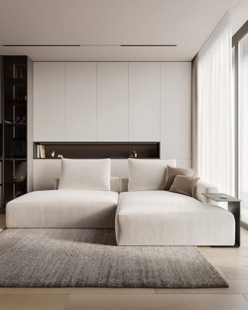 Светлый интерьер просторной гостиной в бежевых оттенках. 06