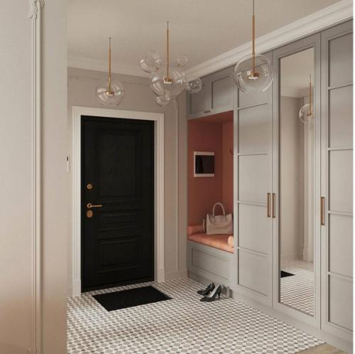 Дизайн квартиры, выполненный в приятных оттенках голубого, бежевого и персикового цвета. 04