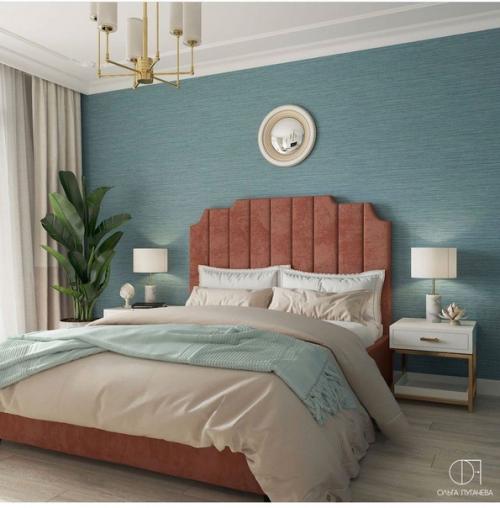 Дизайн квартиры, выполненный в приятных оттенках голубого, бежевого и персикового цвета. 08