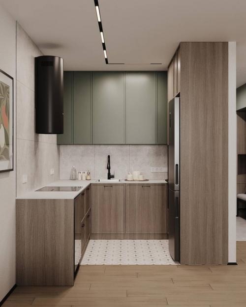 Кухня - гостиная 22, 6 квадратных метров с популярным зеленым акцентом. 08