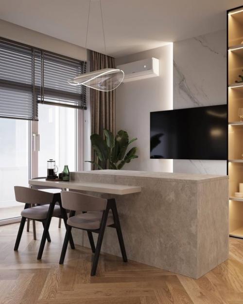 Стильный светлый интерьер кухни - гостиной и спальни. 01