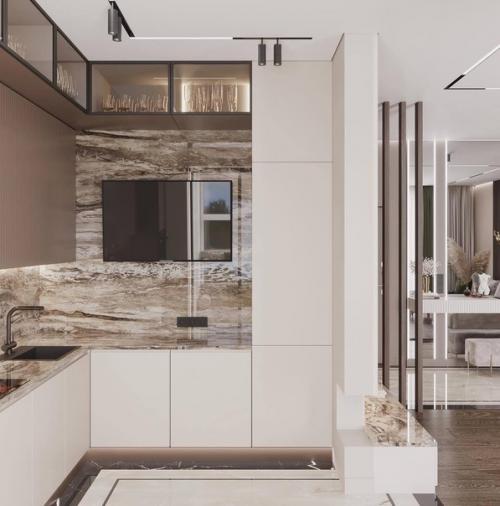 Интерьер кухни - гостиной в стиле неоклассика в светлых тонах. 08