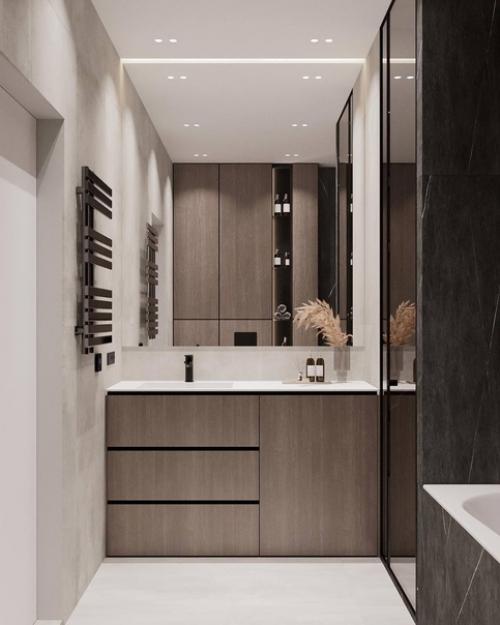 Стильный и современный интерьер санузла с приятным сочетанием фактур и оттенков. 04