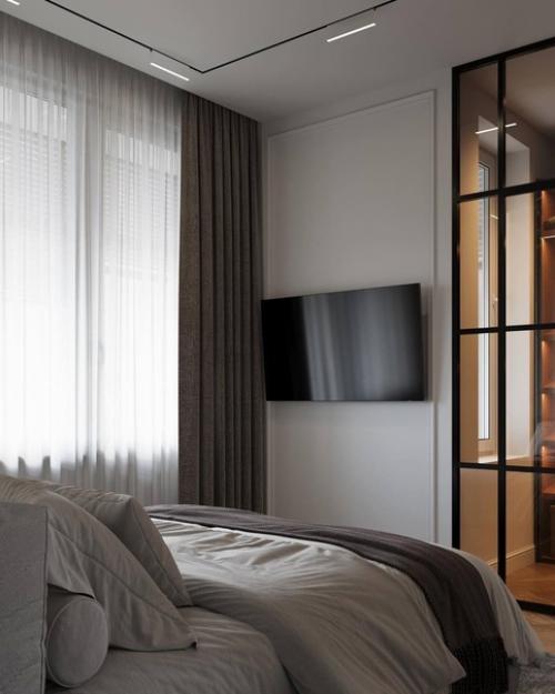 Стильный светлый интерьер кухни - гостиной и спальни. 09