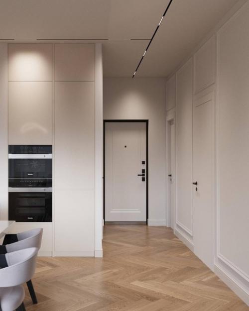 Стильный светлый интерьер кухни - гостиной и спальни. 03