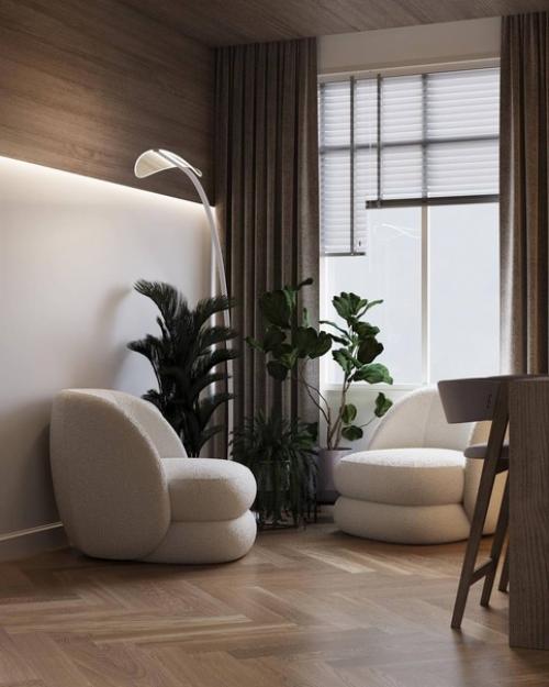 Стильный светлый интерьер кухни - гостиной и спальни. 07