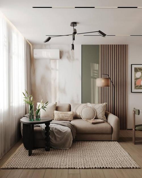 Кухня - гостиная 22, 6 квадратных метров с популярным зеленым акцентом. 03