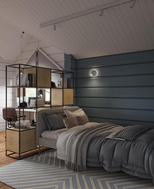 Очень крутой и уютный интерьер комнаты в мансарде. 01