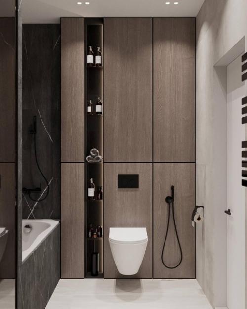 Стильный и современный интерьер санузла с приятным сочетанием фактур и оттенков. 01