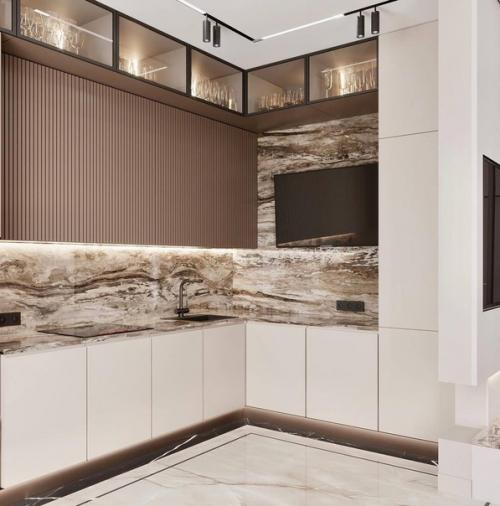 Интерьер кухни - гостиной в стиле неоклассика в светлых тонах. 09