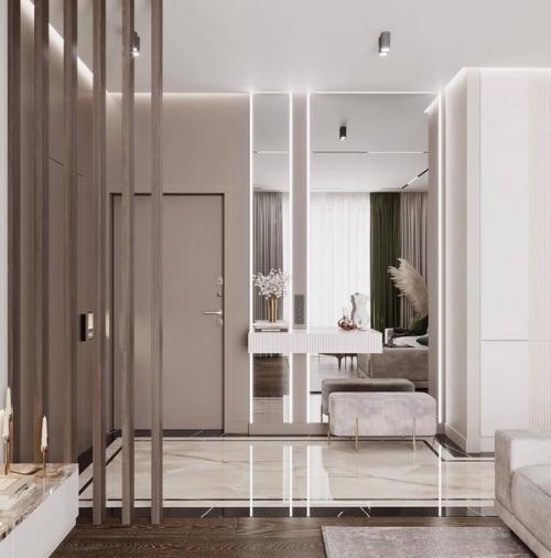 Интерьер кухни - гостиной в стиле неоклассика в светлых тонах. 05