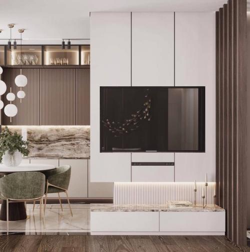 Интерьер кухни - гостиной в стиле неоклассика в светлых тонах. 01