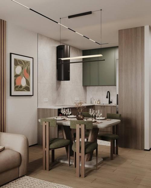Кухня - гостиная 22, 6 квадратных метров с популярным зеленым акцентом. 02