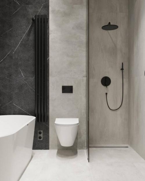 Стильный и современный интерьер санузла с приятным сочетанием фактур и оттенков. 03